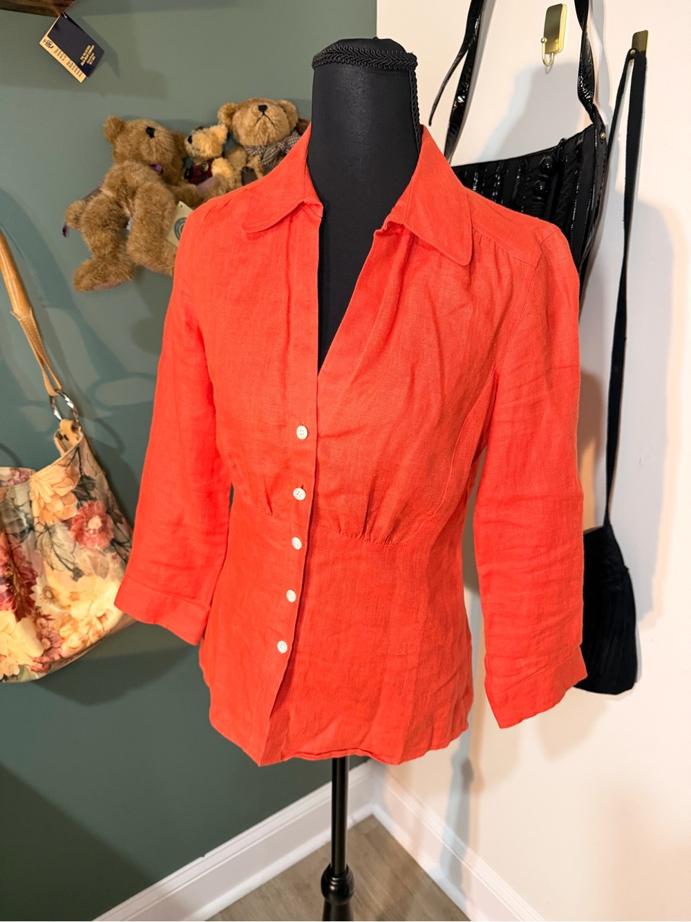 Talbots Pure Irish Linen Coral Button Front Blouse Petite 2P 3/4 Sleeve